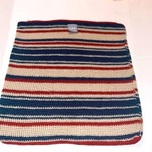 The SAK crochet  throw pillow cover red cream blue stripe patriotic 4th July 18”